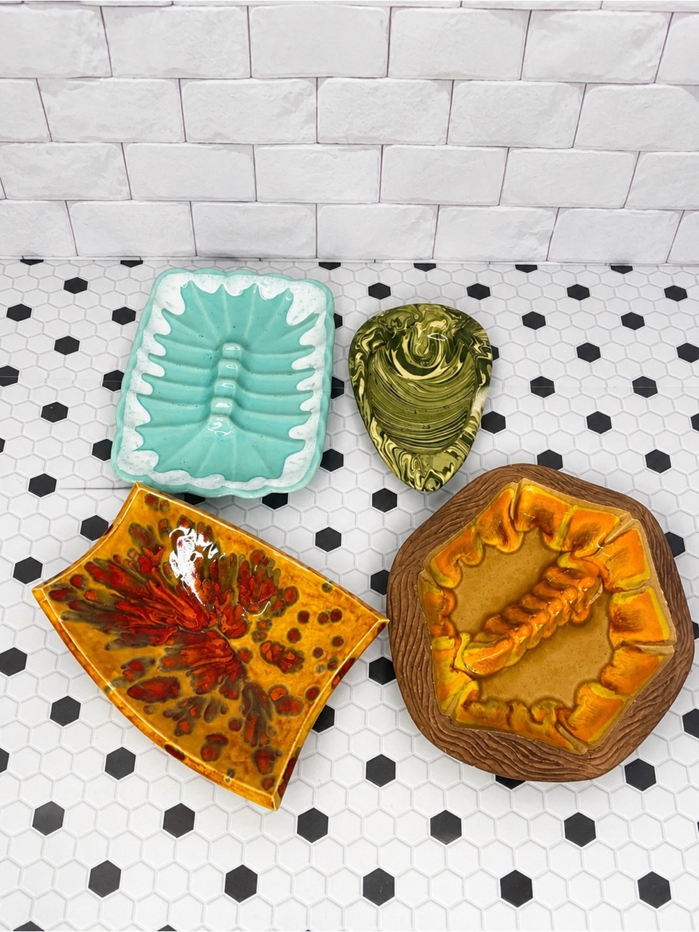 Vintage Mid Century Modern Ceramic Art Pottery Dish Set Abstract Glaze Retro